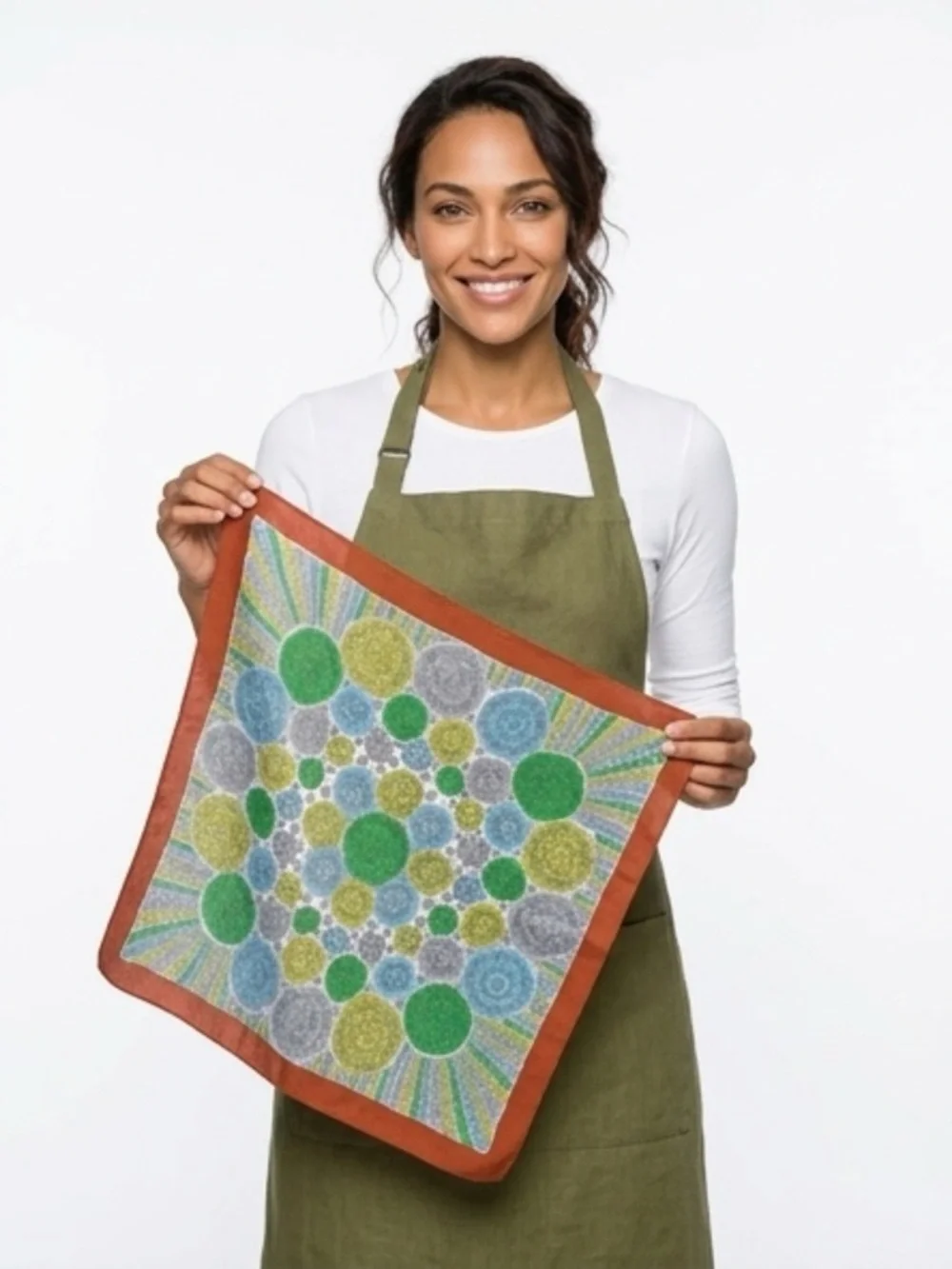 Women’s Green &‎ Blue Patterned Silk Scarf with Rust Border